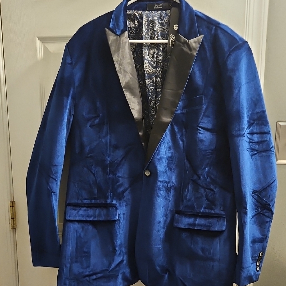 Men's Blue Velvet Blazer with Black Satin Lapel
